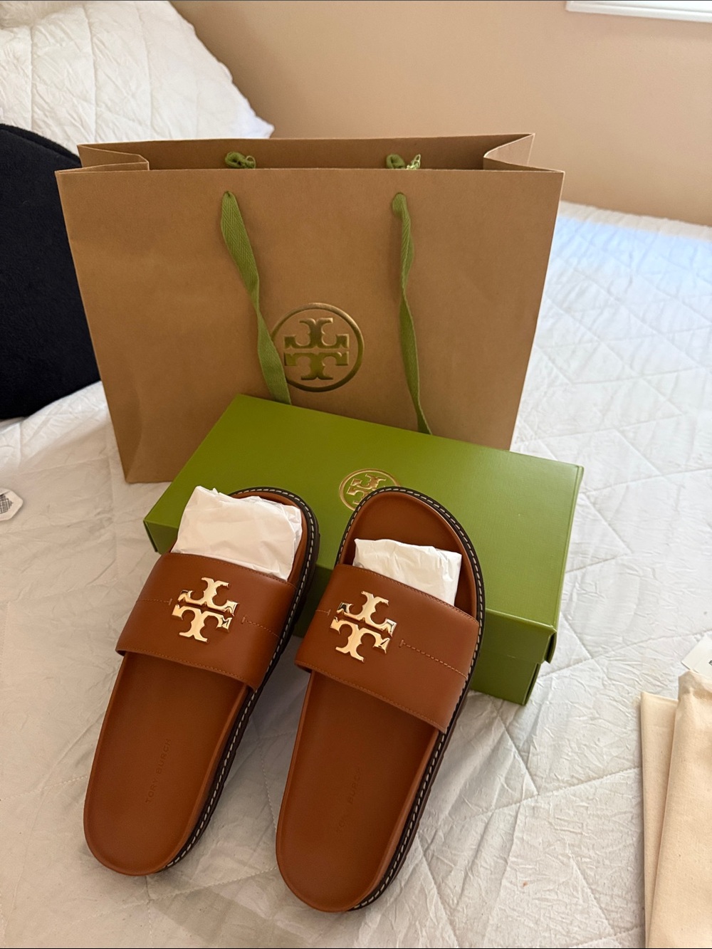 Tory Burch Brown Leather Slide Sandals with Gold Logo - Picture 8 of 10